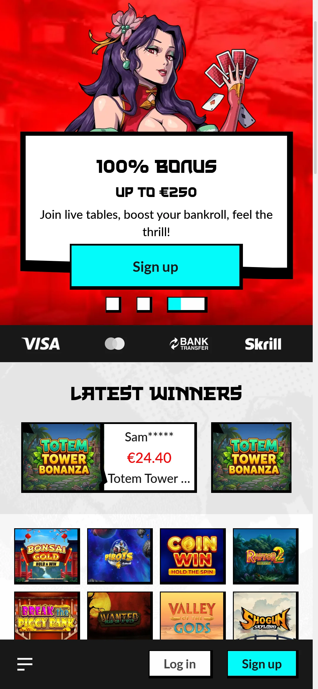Application mobile Manga Casino - écran d'accueil